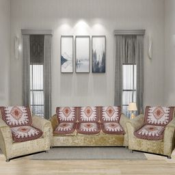BELLA TRUE 6 Pieces Cream & Brown Printed 5 Seater Sofa Cover-image-99