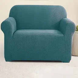 Cortina Teal Blue Self designed Jacquard Single seater Sofa Cover-image-29