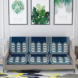 Nendle Blue & White Woven-Designed Pure Velvet 3-Seater Sofa Cover-image-42