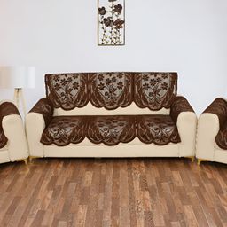 BIGGER FISH Brown 6 Pieces Self Design 5 Seater Sofa Covers-17