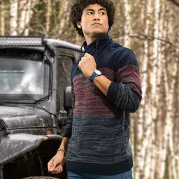 Roadster Men Navy Blue & Grey Self-Design Acrylic Pullover-image-55