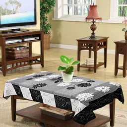 Kuber Industries Black & White Floral Printed 4-Seater Rectangle Cotton Table Cover-53