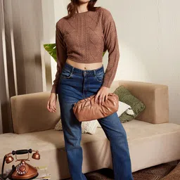 Berrylush Cable Knit Self Design Acrylic Crop Pullover Sweater-image-16
