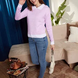 Berrylush Lavender & White Houndstooth Pattern Contrast Collar Acrylic Pullover Sweater-image-27
