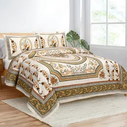 Kuber Industries Yellow & Brown Floral 160 TC Cotton King Bedsheet with 2 Pillow Covers-image-49