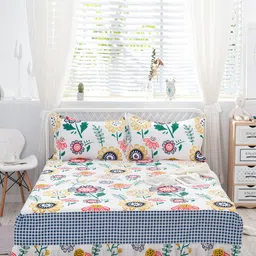 JC HOME Yellow & White Printed Pure Cotton Single Bed Cover With 2 Pillow Covers-image-2