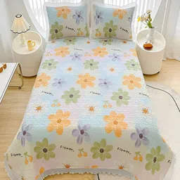 JC HOME Blue & Orange Floral 128 TC Double Queen Bed Cover With 2 Pillow Covers-image-87