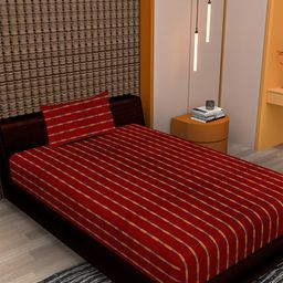 Soumya Maroon & Yellow Striped Single Bed Cover with 2 Pillow Covers-picture-31
