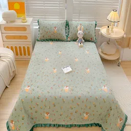 JC HOME Green Quilted Printed 162TC Double King Bed Cover With 2 Pillow Covers-image-30