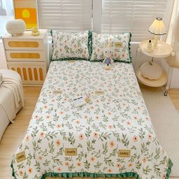 JC HOME White & Green Printed 162 TC Double Queen Bed Cover With 2 Pillow Covers-image-86