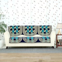 BELLA TRUE Blue & Grey  Set Of 6 Geometric Printed 5-Seater Sofa Cover-image-26