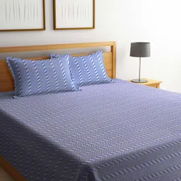 FABINALIV Blue & Grey Striped Woven Pure Cotton King Bed Cover & 2 Pillow Covers-9