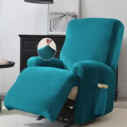 HOKIPO Turquoise Blue Velvet 1 Seater Stretchable Sofa Cover With Arms-image-30