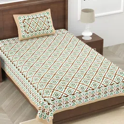 FABROLI Green& White Ethnic Motifs Cotton 240 TC Single Bedsheet with 1 Pillow Covers-6