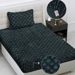 FABINALIV Grey Geometric 300 TC Single Fitted Bedsheet with Pillow Cover-image-85