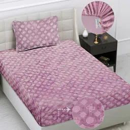 FABINALIV Pink Geometric 300 TC Single Fitted Bedsheet with Pillow Cover-image-65