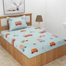 MORADO Blue & Red Conversational 180 TC Single Bedsheet with 1 Pillow Covers-image-109