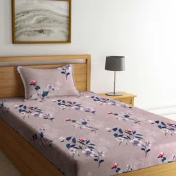 Arrabi Brown & Blue Floral 130 TC Single Bedsheet with 1 Pillow Covers-image-75