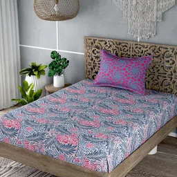 EverHOME Blue & Pink Floral 180 TC Flat Cotton Single Bedsheet with 1 Pillow Cover-image-54