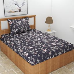 MORADO Blue & White Floral Printed 210 TC Single Bedsheet With 1 Pillow Cover-image-32
