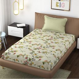 Florida Green & Red Floral 250 TC Fitted Single Bedsheet & 1 Pillow Covers-image-50