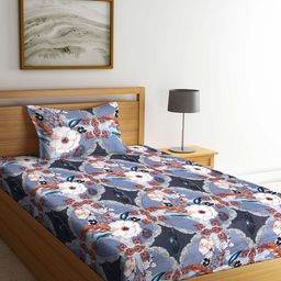Arrabi Blue & White Floral 300 TC Single Bedsheet with 1 Pillow Covers-39
