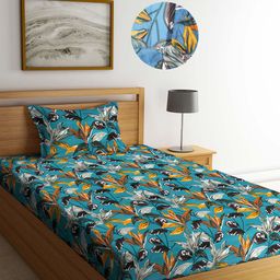 Arrabi Green Leaf 300 TC Cotton Blend Single Size Fitted Bedsheet with 1 Pillow Cover-image-96