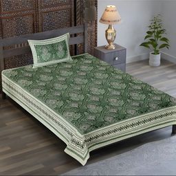 UBANIA COLLECTION Green Ethnic Motifs Cotton 120 TC Single Bedsheet with 1 Pillow Covers-image-72