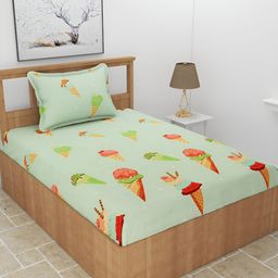 BREVARD Green Conversational Printed 180 TC Single Bedsheet With 1 Pillow Cover-image-5