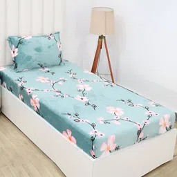 RD TREND Blue & White Floral 210 TC Fitted Single Bedsheet with Pillow Cover-image-11