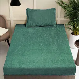 FABINALIV Green Solid 300 TC Woollen Embossed Single Bedsheet with Pillow Cover-18