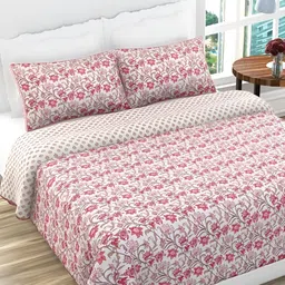 RRC White & Pink Printed Reversible Double Queen 180 TC Bed Cover With 2 Pillow Covers-image-50
