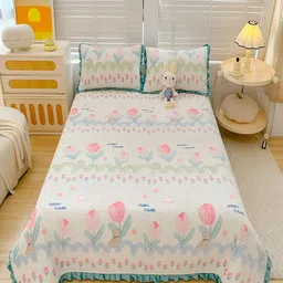 JC HOME White & Pink Printed 162TC Double King Bed Cover With 2 Pillow Covers-image-26