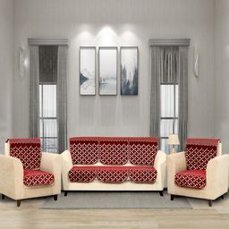 BELLA TRUE Set of 6 Maroon & White Geometric Printed 5-Seater Sofa Cover-8