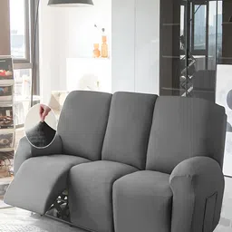 HOKIPO Grey Velvet 3 Seater Stretchable Sofa Cover With Arms-image-23