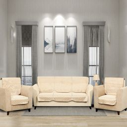 BELLA TRUE Set Of 6 Cream-Coloured & Silver-Coloured Printed 5-Seater Sofa Cover-image-2