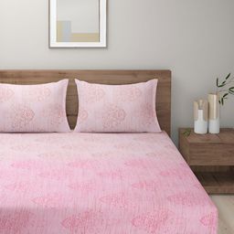 Aura Ananda Pink Geometric Cotton 200 TC Fitted King Bedsheet with 2 Pillow Covers-image-48