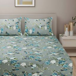 Aura Veda Blue & Green Floral Cotton 160 TC King Bedsheet with 2 Pillow Covers-image-72