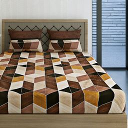 Aura Veda Orange & Cream Geometric Cotton 160 TC King Bedsheet with 2 Pillow Covers-13