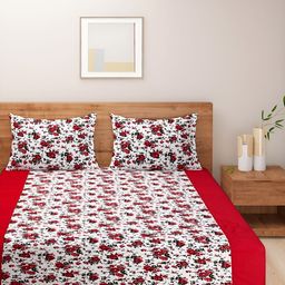 Aura Veda Red & White Floral Cotton 160 TC King Bedsheet with 2 Pillow Covers-image-94