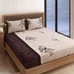 Aura Veda Beige & White Floral Cotton 160 TC Fitted King Bedsheet with 2 Pillow Covers-image-28