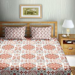 Aura Red & White Geometric Cotton 180 TC King Bedsheet With 2 Pillow Covers-image-99