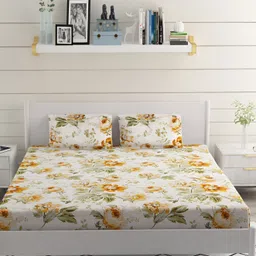 Bromwick White & Orange Floral Cotton 210 TC Fitted Crib Bedsheet With 2 Pillow Covers-picture-7