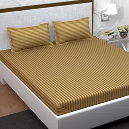 PAVO Beige Striped 210 TC Cotton 1 King Bedsheet with 2 Pillow Covers-image-83