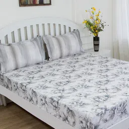 GM White & Grey Floral 144 TC Cotton 1 Super Queen Bedsheet with 2 Pillow Covers-image-99