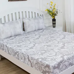 GM White & Grey Floral 144 TC Cotton 1 Super Queen Bedsheet with 2 Pillow Covers-image-98