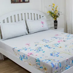 GM White & Grey Floral 180 TC Cotton 1 Super Queen Bedsheet with 2 Pillow Covers-image-22