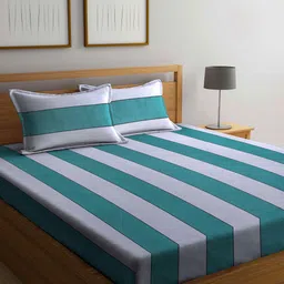Arrabi Green & Grey Striped 300 TC 1 King Bedsheet with 2 Pillow Covers-image-48
