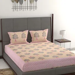 Wayne Martin Beige & Pink Floral Pure Cotton King Bedsheet with 2 Pillow Covers-image-86