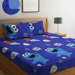 Arrabi Blue & White Graphic 300 TC King Bedsheet with 2 Pillow Covers-image-87